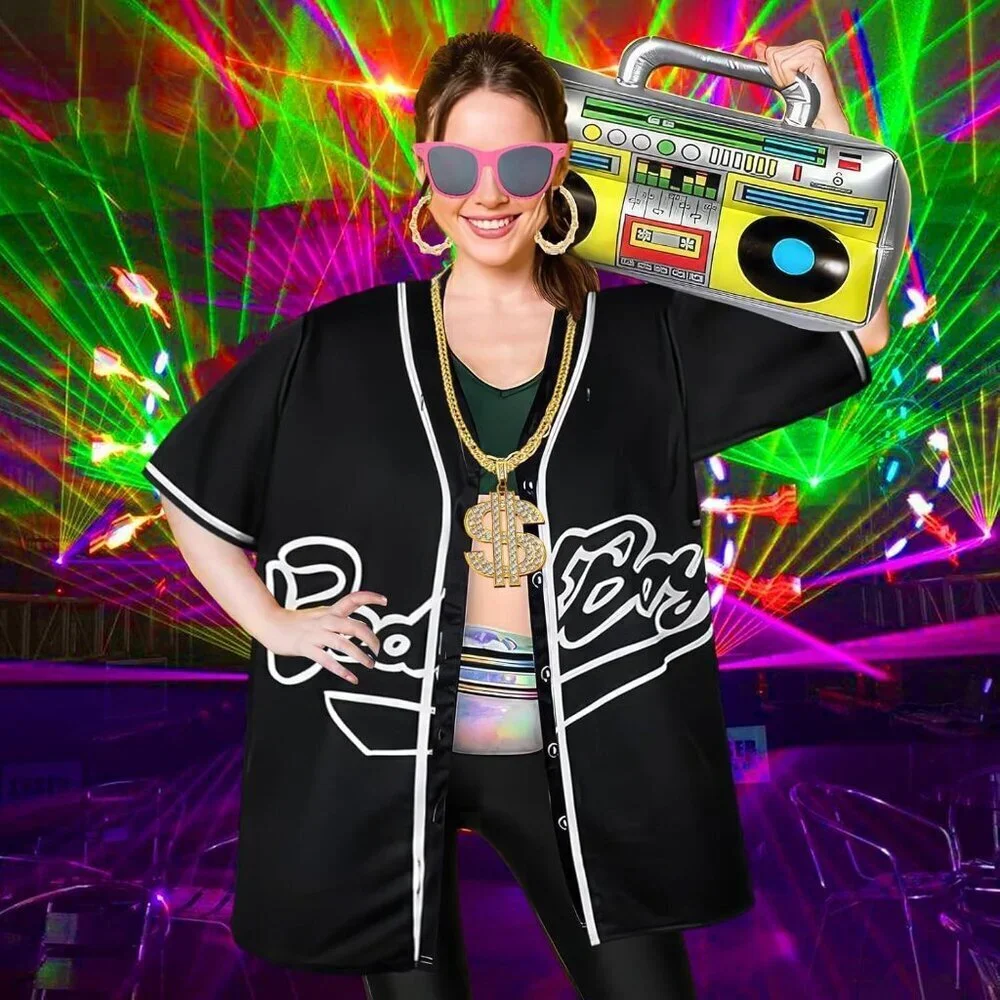 80s 90s Women Outfit 6PCS Hip Hop Costume Baseball Jersey Pants Accessories